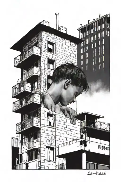A Little Boy Looking Up At A Tall Apartment Building And A Dedication Quote On The Bottom