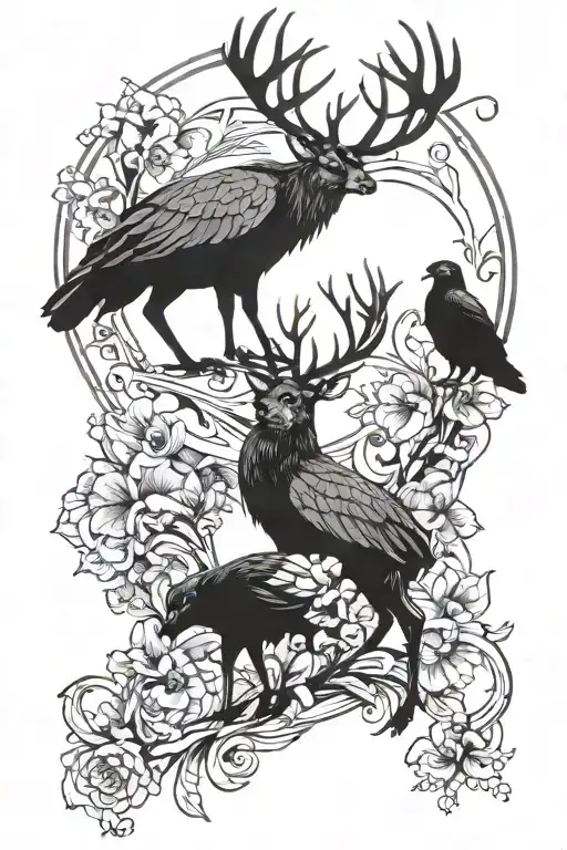 Tattoo For The Calf A Big Deer With The Raven Munin And Huguin Black And White Male