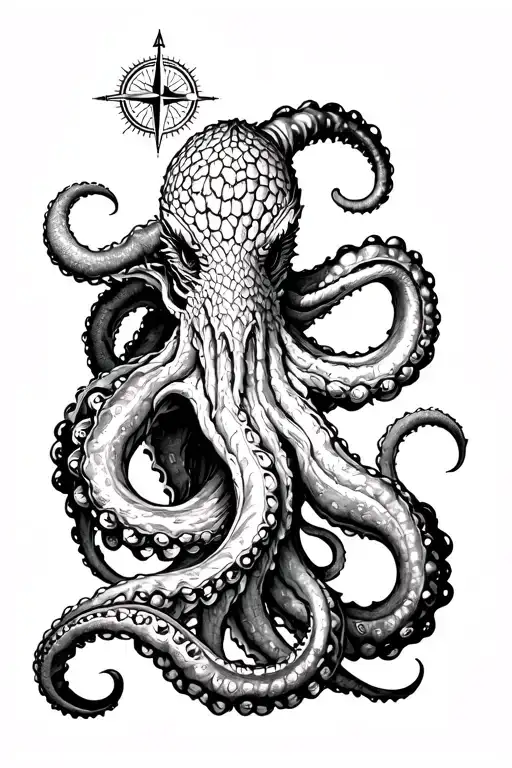 A Large Kraken Coming Out Of The Sea With A Nautical Compass Rose In Its Tentacles