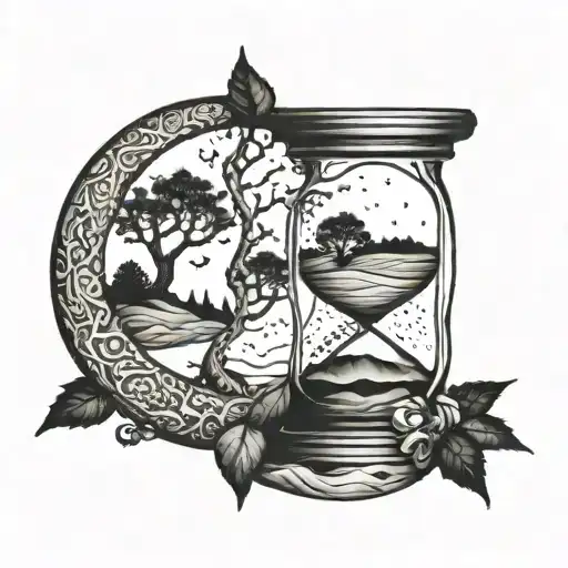 Hour Glass With Sand With Trees As The Sides Of The Glass Snake Wrapped Around It To A Moon