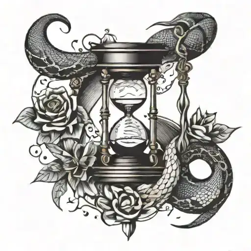 Hour Glass With Snake Wrapping Around Crescent Moon And Hour Glass