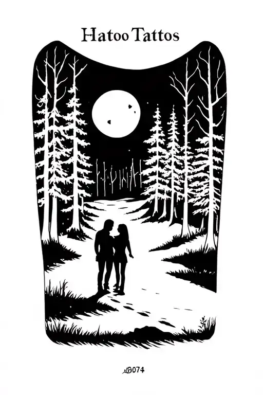 Forest With A Road With A Couple In Love On A Moon Night