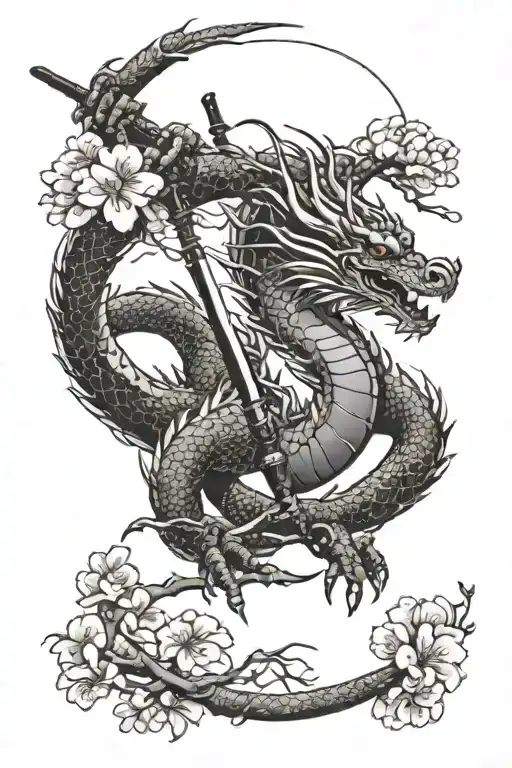 Dragon With Sakura Branch And Katana