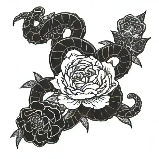 Skeleton Snake And Peonies Flower