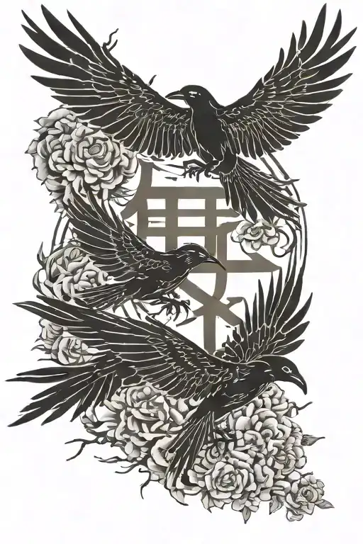 Love Kanji Symbol With Crows Flying Parallel