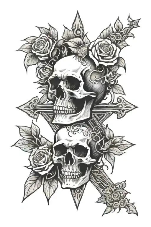 Skull And Cross Surrounded By Roses With Thorns Wrapping
