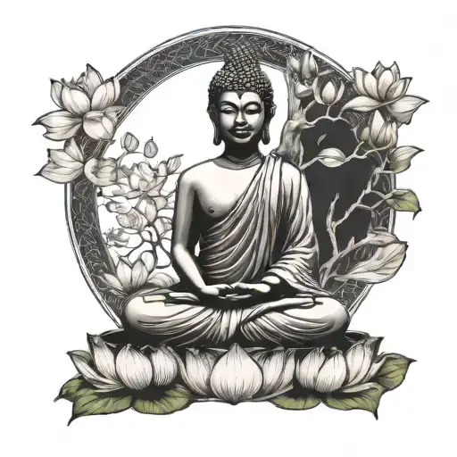 A Serene Buddha Meditating Under A Bodhi Tree Surrounded By Lotus Flowers