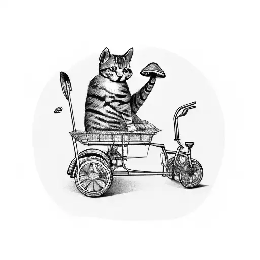Cat Riding Tricycle Pulling Wagon Carrying Mushroom