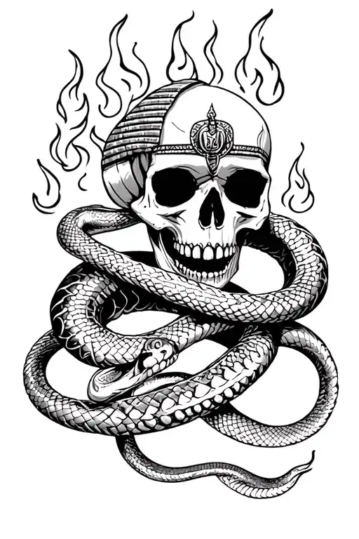 Skull & Snakes Wrapped Together With Fire Flames & Egypt