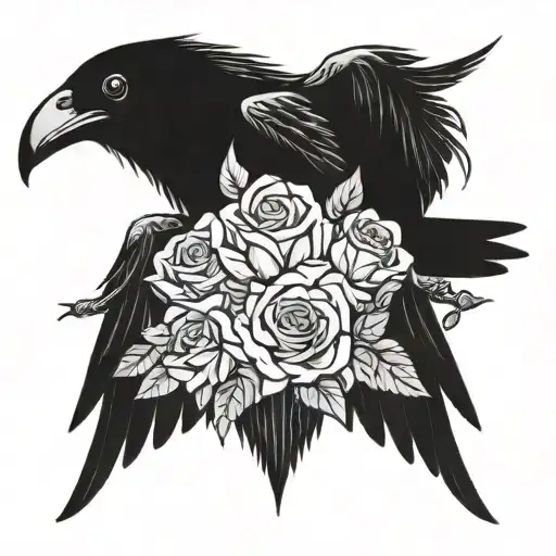 Raven With Spread Wings With Roses Dark Fantasy