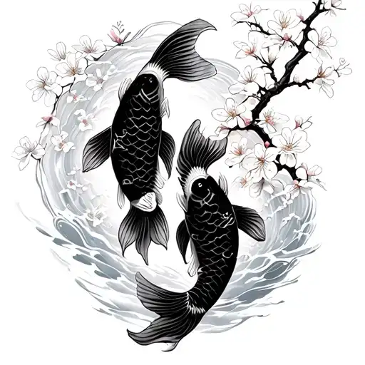 2 Koi Fish With Cherry Blossom Tree