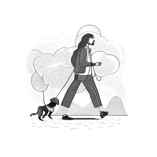 A Blackwork Tattoo Of A Person Walking Their Dog While Listening To Music On A Vintage Walkman