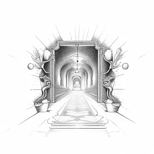 A Hallway With A Man Walking Down It With Heaven And Hell Surrounding The Hallway