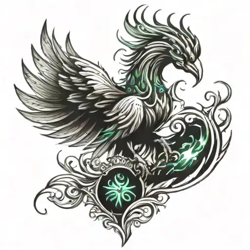 Phoenix With Fire Wings And Green Emerald In Place Of Heart