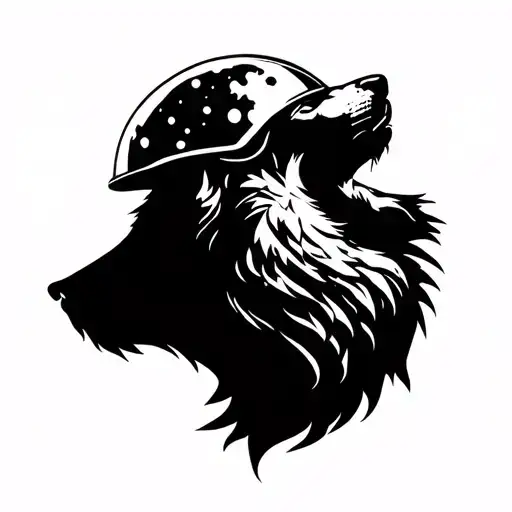 A Wolf Silhouette Howling At The Moon With A Military Helmet On Its Head