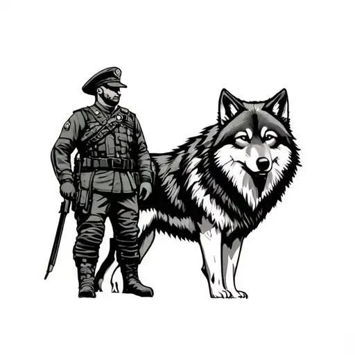 A Soldier Standing Next To A Majestic Wolf In A Military Uniform