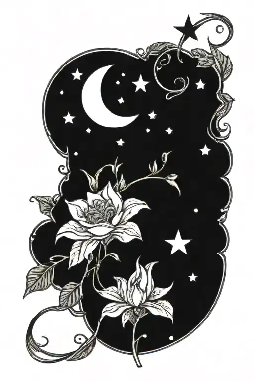 Flowers And Vines With Moon And Small Stars