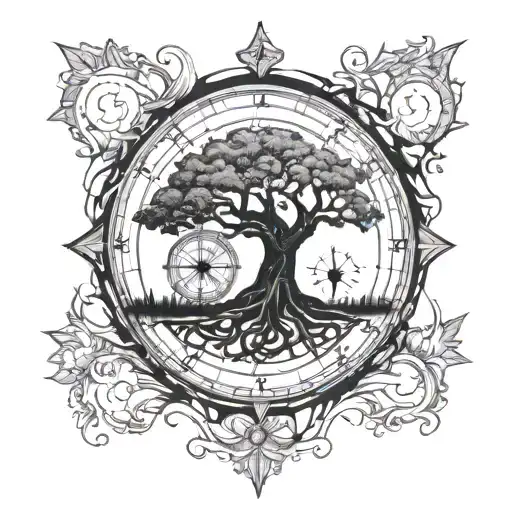 Tree With World Inside Trunk Surrounded By Compass As If Time Never Stops
