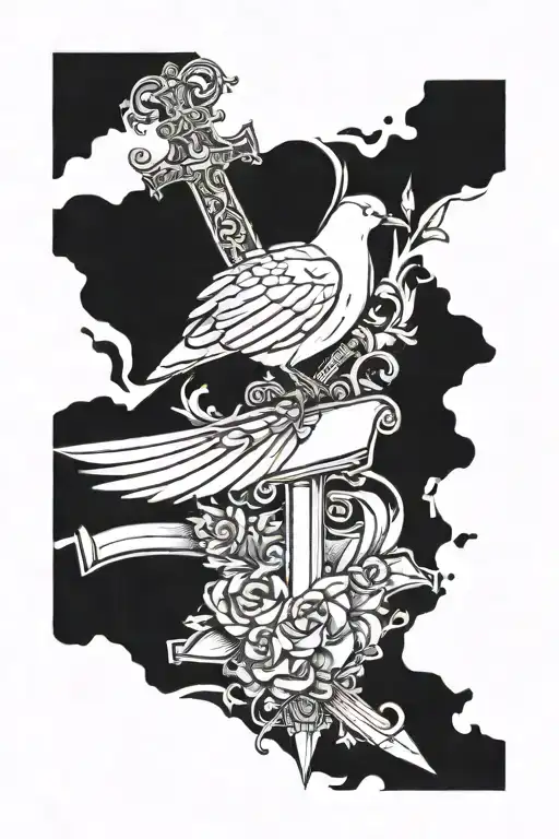 A Sword Stuck In The Ground With A Dove Perched On The Pommel