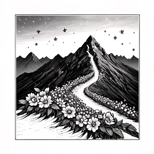 A Trail Of Flowers And Stars Leading Up A Mountain Peak
