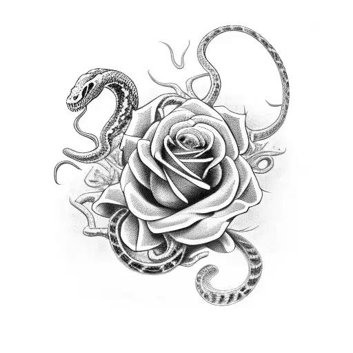 A Detailed Snake Going Throught The Eye Of A Skull With Roses