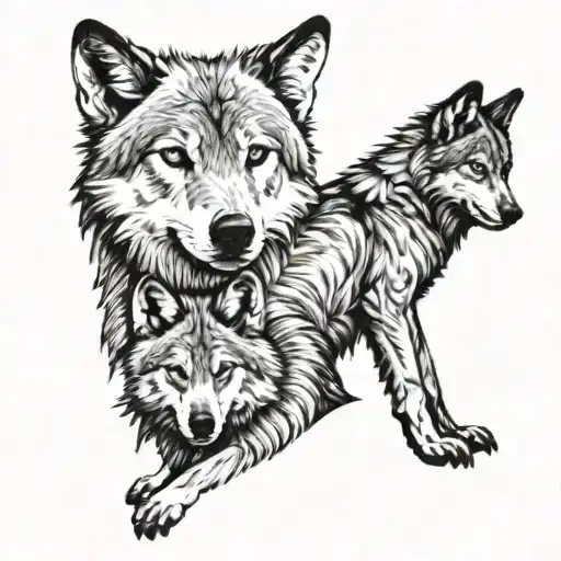 Wolf Protectin His Two Cubs