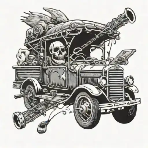 A Tattoo Of A Rock And Roll Themed Skull Driving A Truck