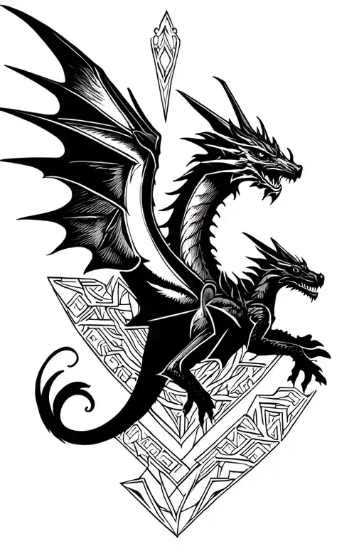Norse Dragon Mid Flight Surrounded By Norse Geometric Patterns