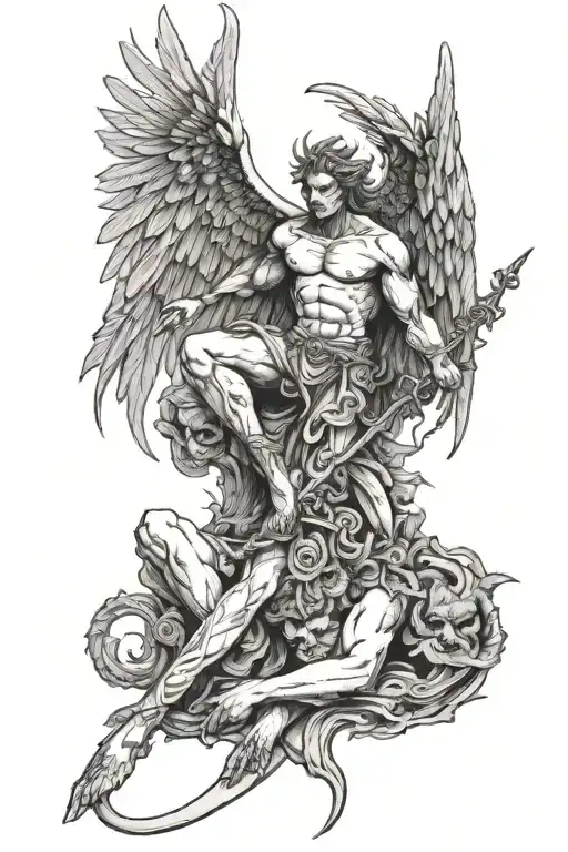Leg With An Angel On The Shin And A Demon On The Thigh