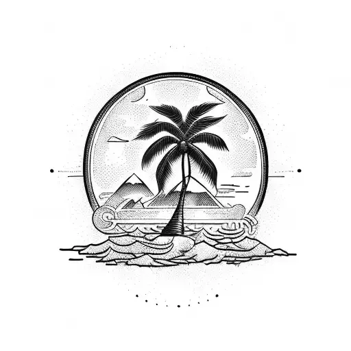 Rising Sun With Island And Palm Trees And Beautfiul Animals During Summer Season