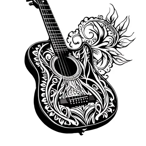 Guitar Covering Polynesian Style Tattoo Design Featuring