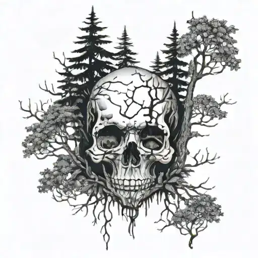A Mystical Forest Scene With A Skull Hidden Among The Trees