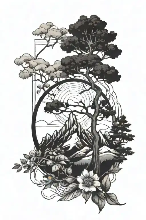 Grow Tree And Compas And Mountain Range