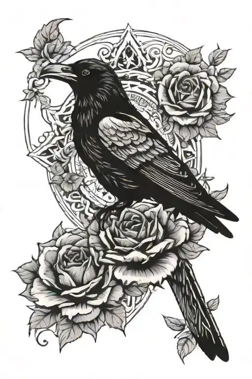 Mandala With Raven And Roses Growing