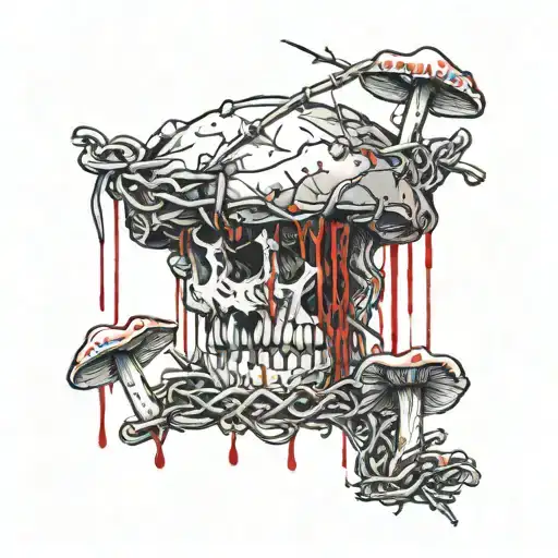 Broken Barbed Wire With Blood Dripping And Finally Morhing Into Canabis And Mushrooms