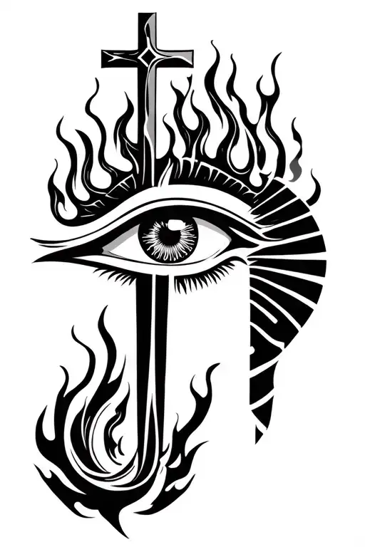 Eye Of Ra Burning And On Fire With A Cross Rising Above It