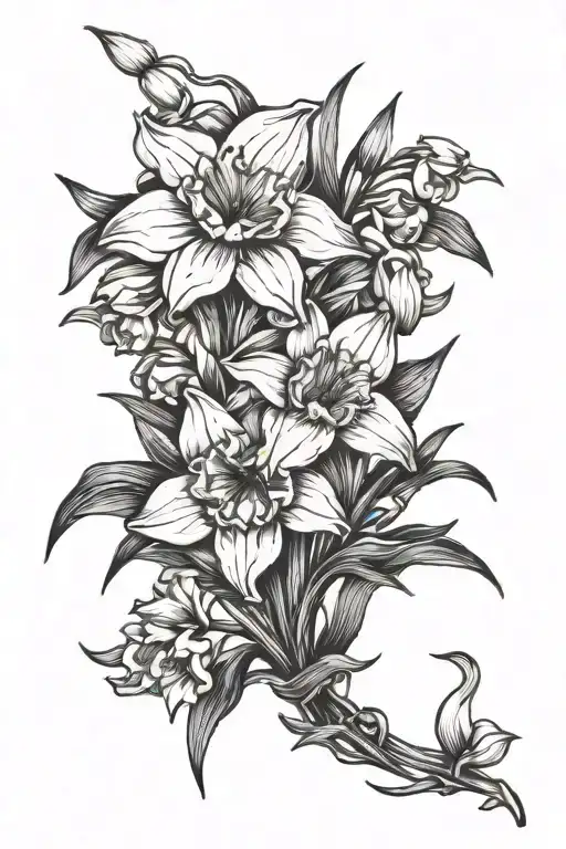 A Sleek And Elegant Blackwork Design Featuring A Beautiful Bouquet Of Narcissus Flowers