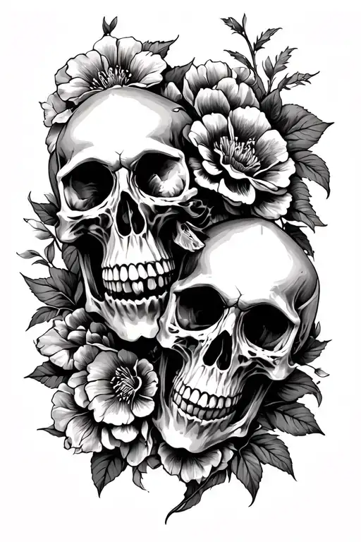 3 Skulls And Flowers Intertwined