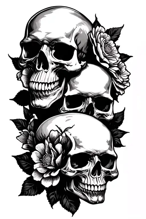 3 Skulls And Flowers Intertwined