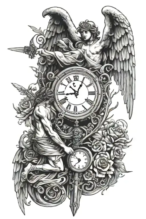 Clock And Angel Holding A Sword