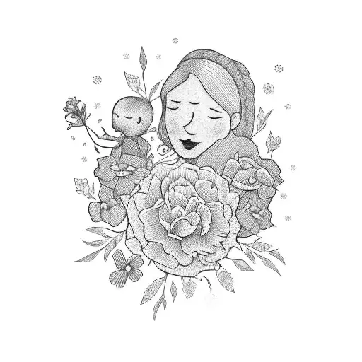 Family Outlined In Black Surrounded By Flowers