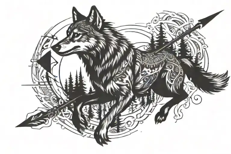 Wolf Running Across Archer Arrow