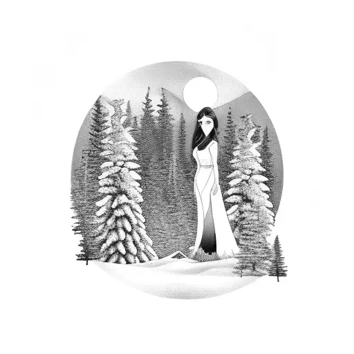Beautiful Woman With Wolf And Pine Forest In The Background