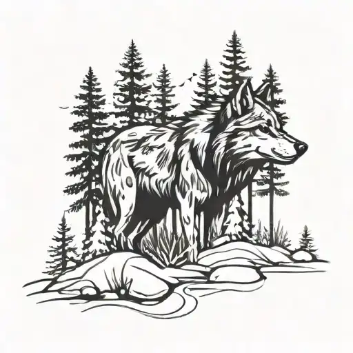 Wolf With Blood Scars In A Forest Landscape