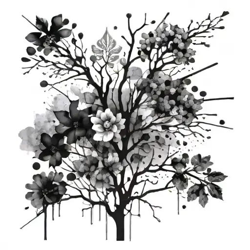 Abstract Paint Splatters Merging With Natural Elements Like Trees And Flowers