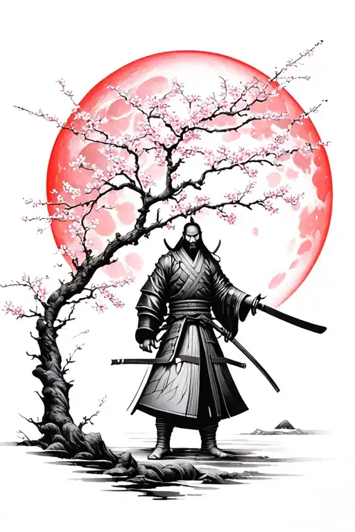 Lonely Ronin Samurai Next To Cherry Blossom Tree With Red Moon Behind Him