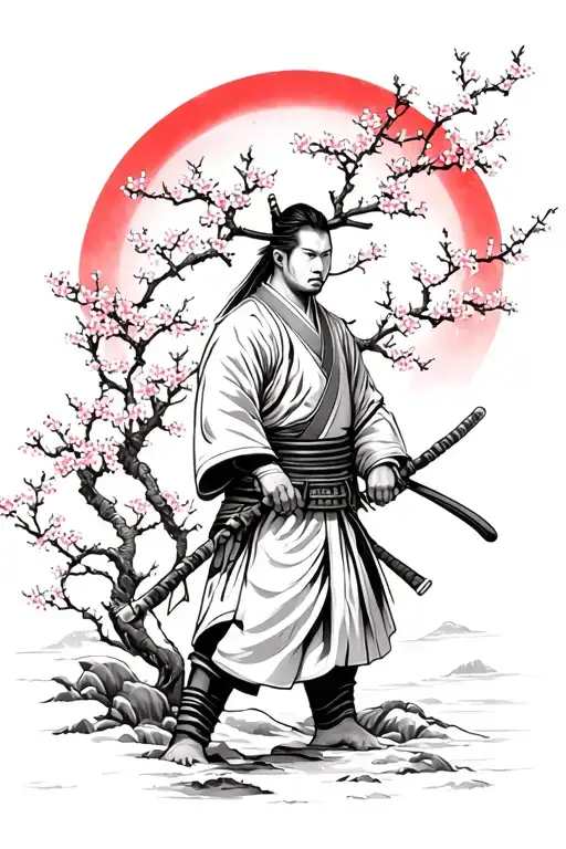 Lonely Ronin Samurai Next To Cherry Blossom Tree With Red Moon Behind Him