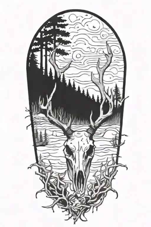 Deer Skull Surrounded By Trees And Rifle