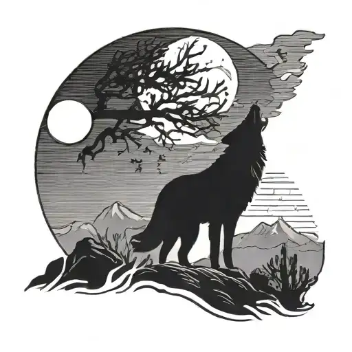 A Silhouette Of A Lone Wolf Howling At The Moon In A West Texas Desert Landscape
