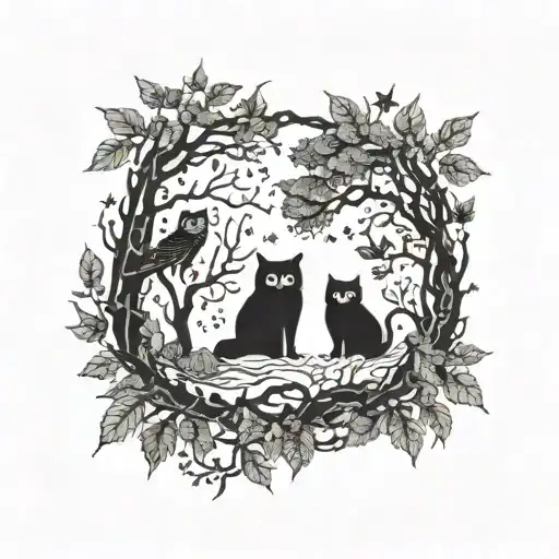 A Mystical Forest Scene With Blackwork Style Featuring Cats And Owls Intertwined Among The Trees